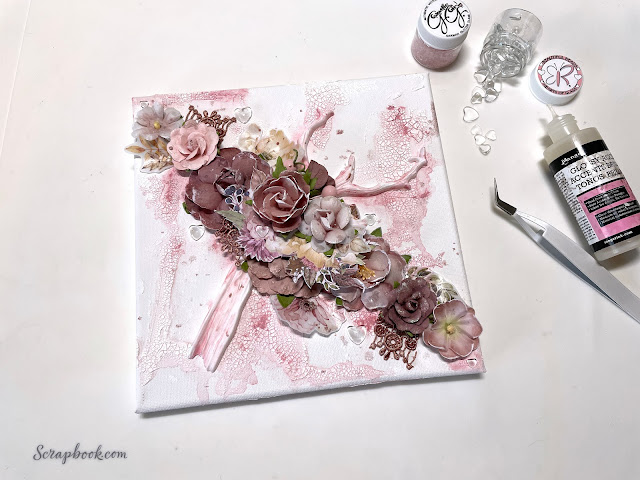 Mixed media canvas created with: Prima Marketing Hello Pink Autumn rub on transfers, Sharon Ziv flowers, mould, Christmas Sparkle beaded berries, impasto paint; Reneabouquets gawdie girl glass glitter glass, glass hearts, butterfly; Scrapbookcom rose gold ink