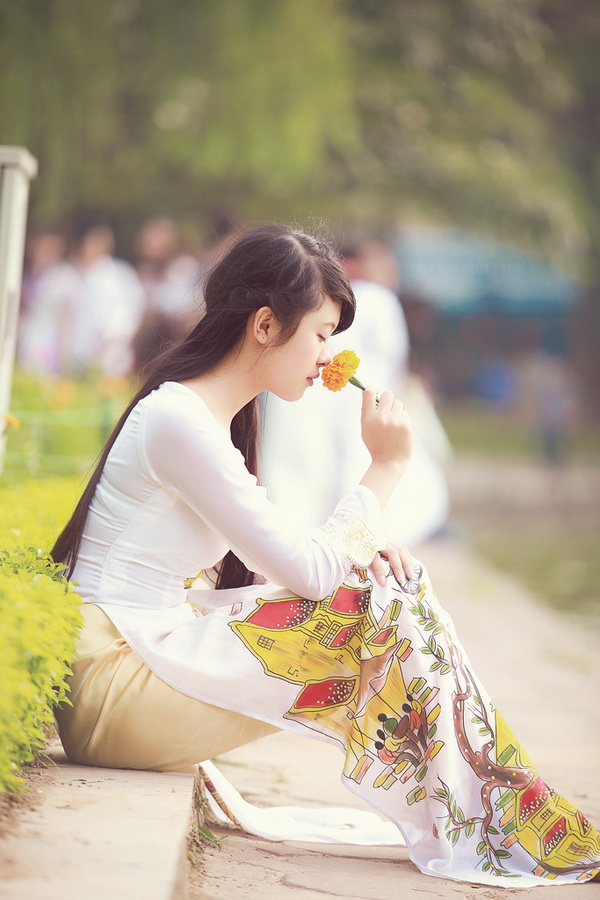 Thiếu nữ ngồi áo dài trắng hôn hoa vàng