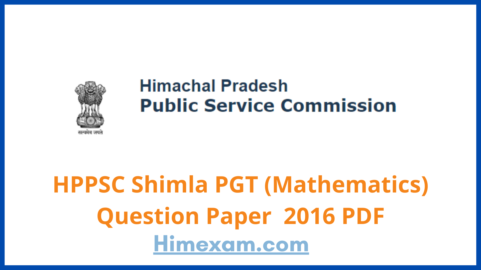 HPPSC Shimla PGT (Mathematics) Question Paper  2016 PDF