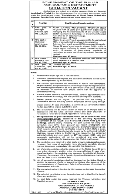 The Government of the Punjab Agriculture Department Latest jobs