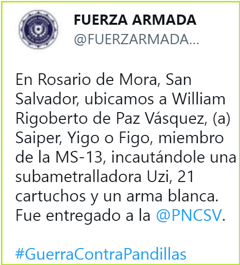 El Salvador: Capturan a alias «Saiper», veterano pandillero de la MS13 fue detenido con una subametralladora