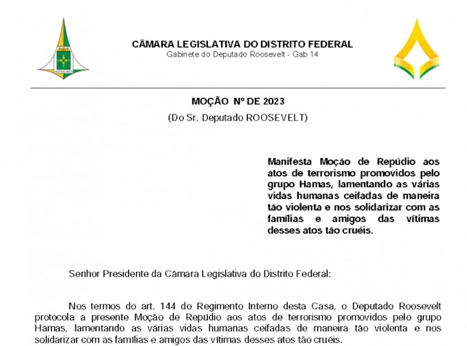 Deputado Roosevelt apresenta na Câmara Legislativa do DF Moção de Repúdio aos atos de terrorismo promovidos pelo grupo Hamas