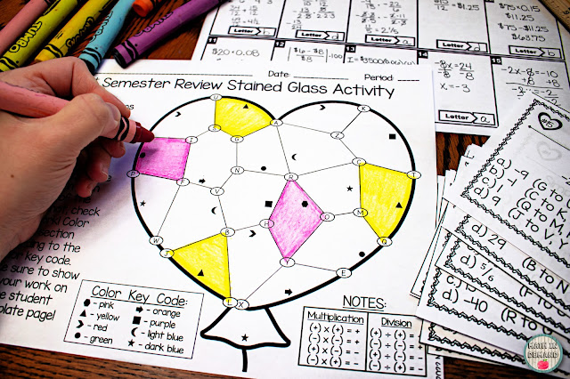 7th Grade Math 1st Semester Review Stained Glass Heart Activity