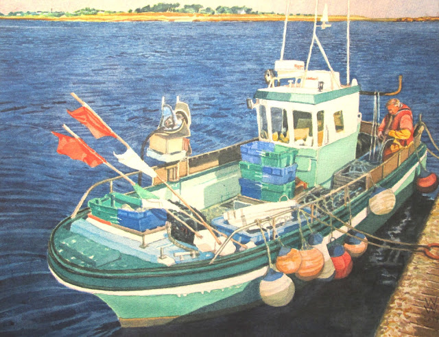 A watercolour of a fisherman in a small boat at Roscoff, entitled "Bleu intense de Roscoff," by William Walkington in 2017