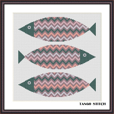 Zig zag ornament fish cute animals cross stitch hand embroidery