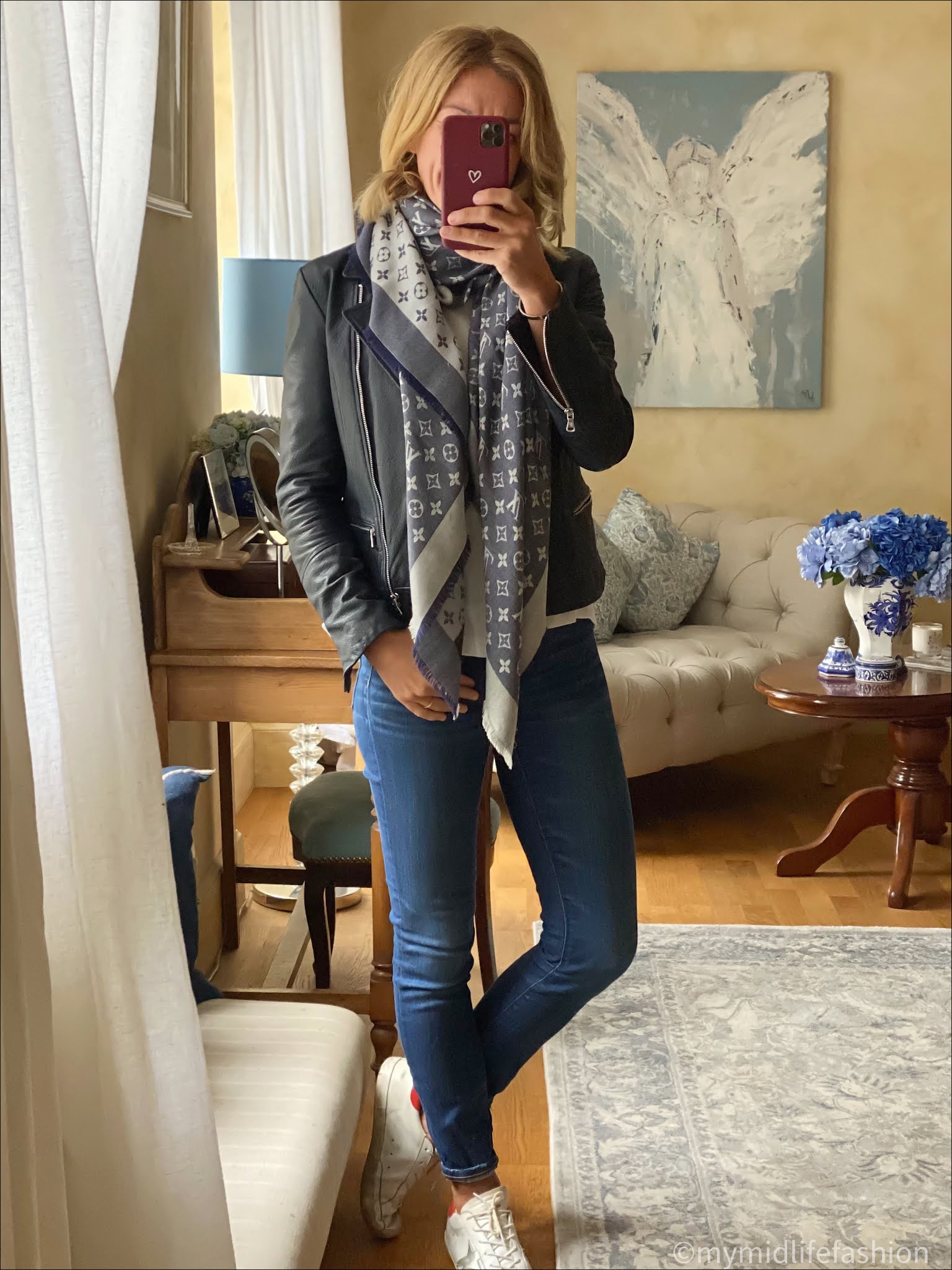 my midlife fashion, Massimo Dutti leather biker jacket, Louis Vuitton monogrammed shawl, Zara crew neck t-shirt, j crew 9 inch toothpick skinny jeans, golden goose superstar low top leather trainers