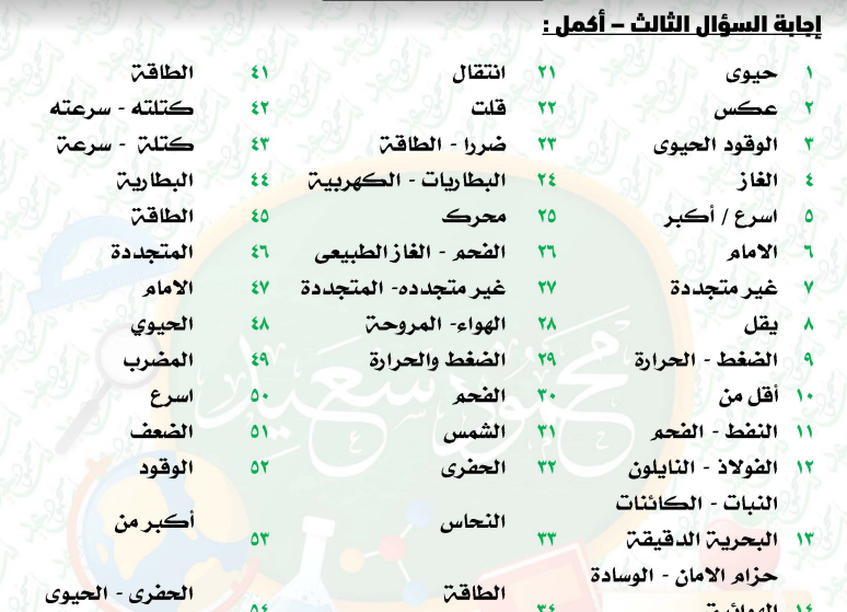 بنك اسئلة علوم على منهج فبراير ومارس للصف الرابع الابتدائى