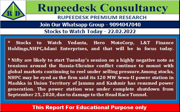 Stock to Watch Today - Rupeedesk Reports