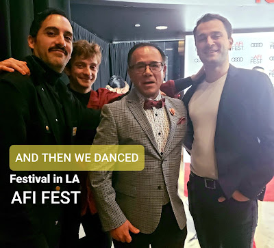 And then We Danced. Actor Bachi Valishvili, director Levan Akin, actor Levan Gelbakhiani & critic José Alberto Hermosillo, Festival in LA ©2019