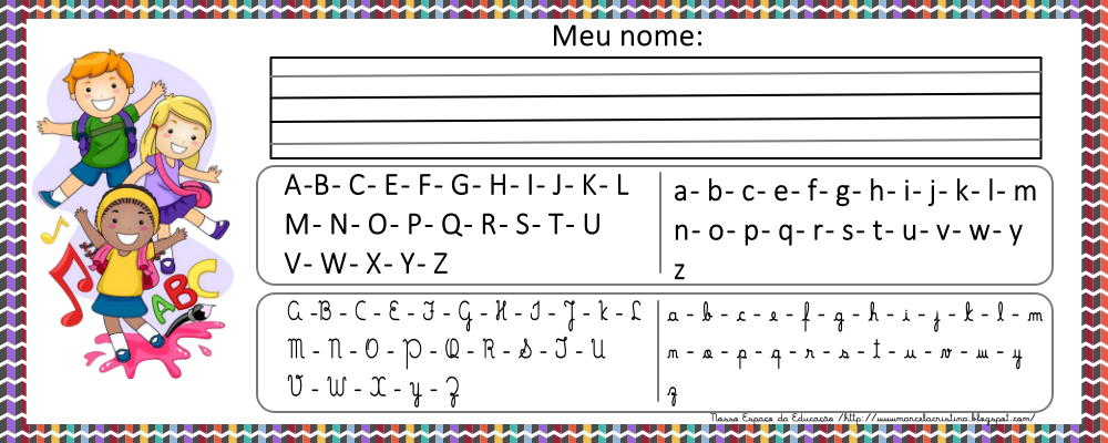 Ficha para nome do aluno com o alfabeto bastão e cursivo