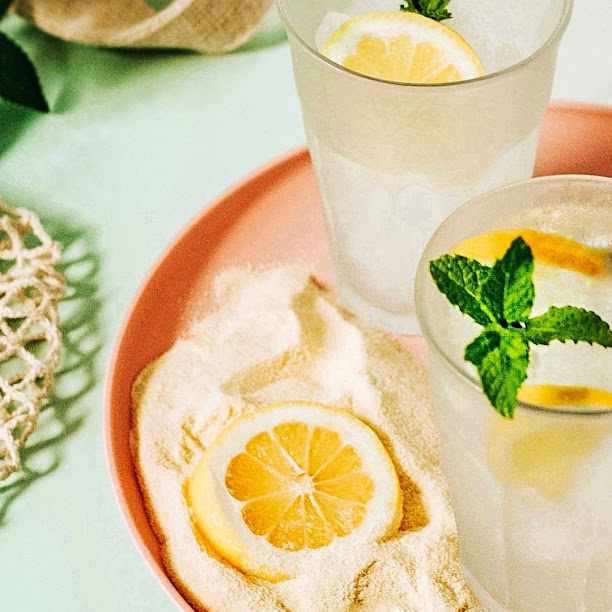 Lemon Basil Cocktail  on pink plate