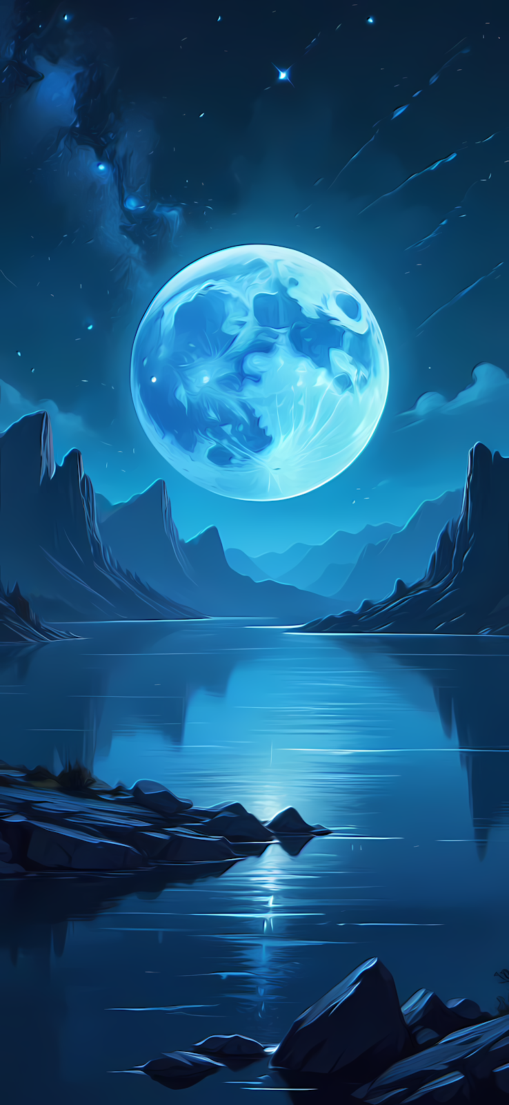 A peaceful scene of a moonlit lake reflecting a large blue moon, with mountains
and a starry night sky in the background.
