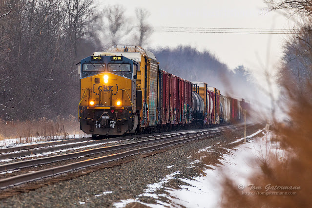 CSXT 3216 leads Q363-24 on Track 1 of the Rochester Sub. at MP QC302