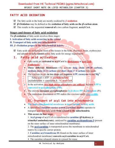 Fatty acid oxidation Biochemistry Colored Notes 2nd Semester B.Pharmacy ,BP203T Biochemistry,BPharmacy,Handwritten Notes,Important Exam Notes,BPharm 2nd Semester,