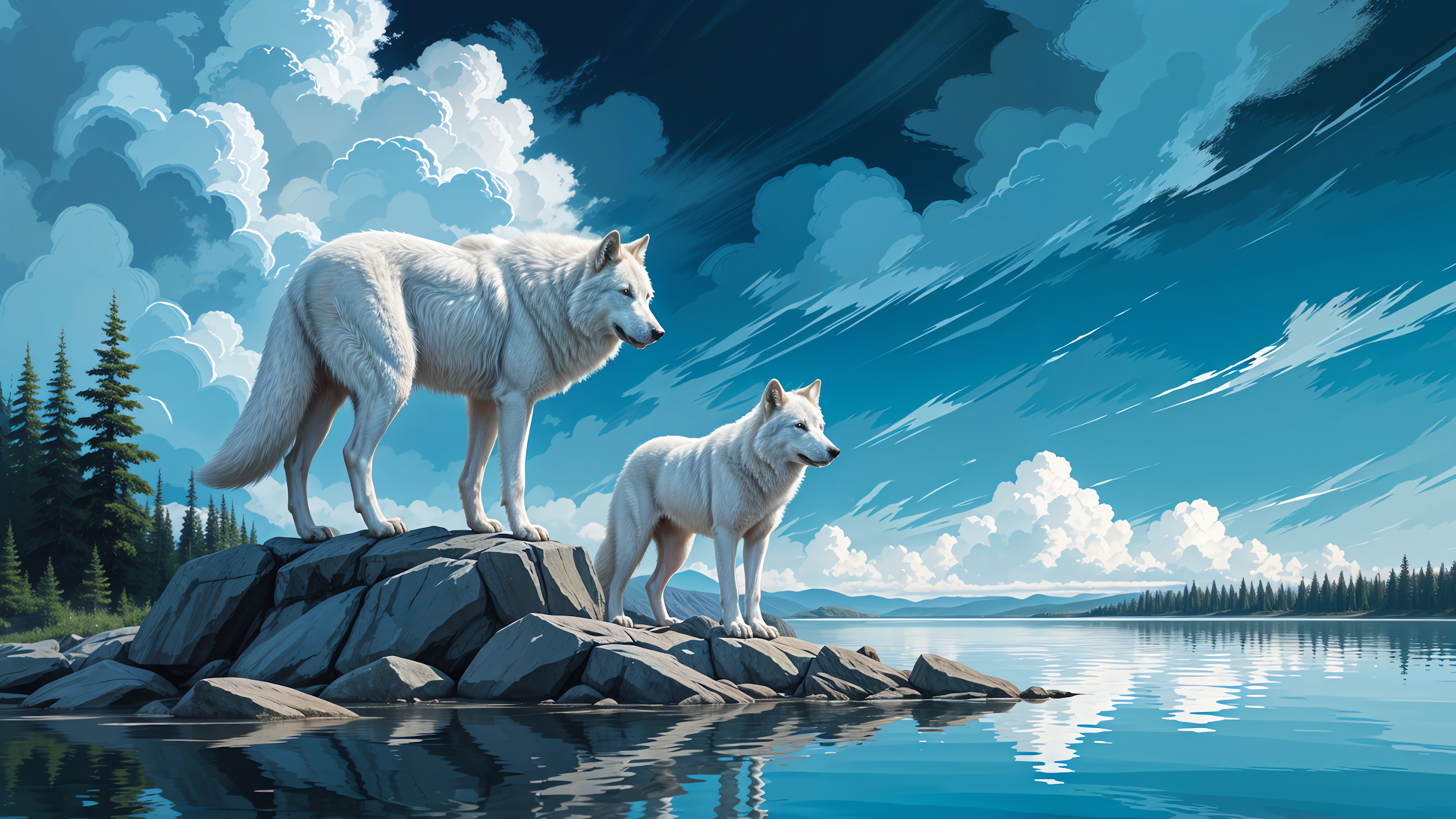 The photo features two white wolves standing on a rocky outcrop beside a calm lake with a scenic background.