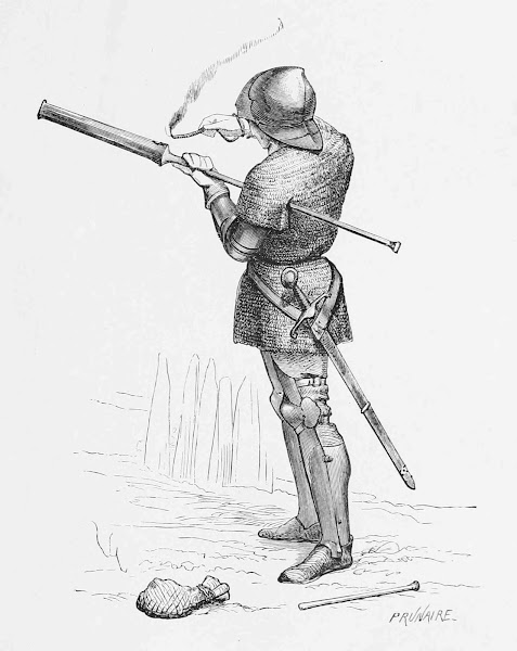 Imagen 731A | Soldado suizo disparando un cañón de mano de finales del siglo XIV, XV, producido en 1874. | Viollet-le-Duc / Dominio público