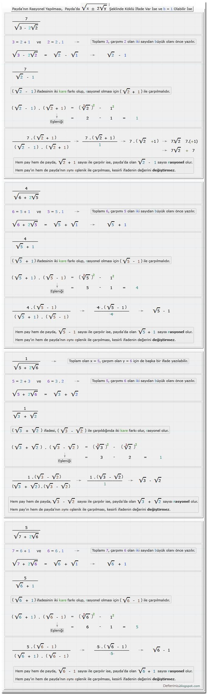 Örnek-36 » Payda'da √(x ± 2√y) şeklinde olan köklü ifadeler var ise ve b = 1 olabilir ise için örnekler.