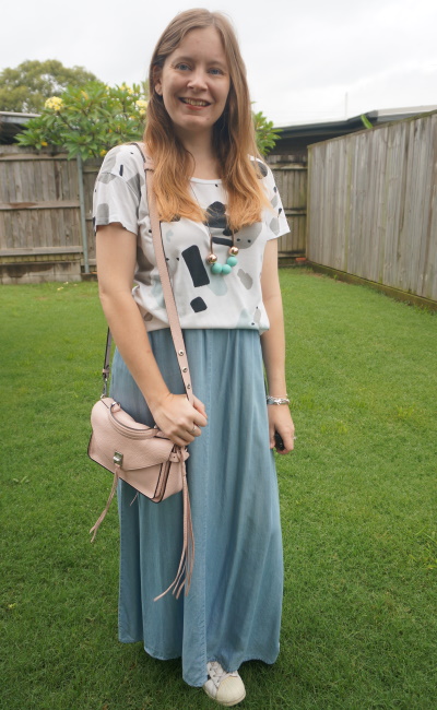 white abstract printed tee with chambray maxi skirt and blush Rebecca Minkoff Darren bag | awayfromblue