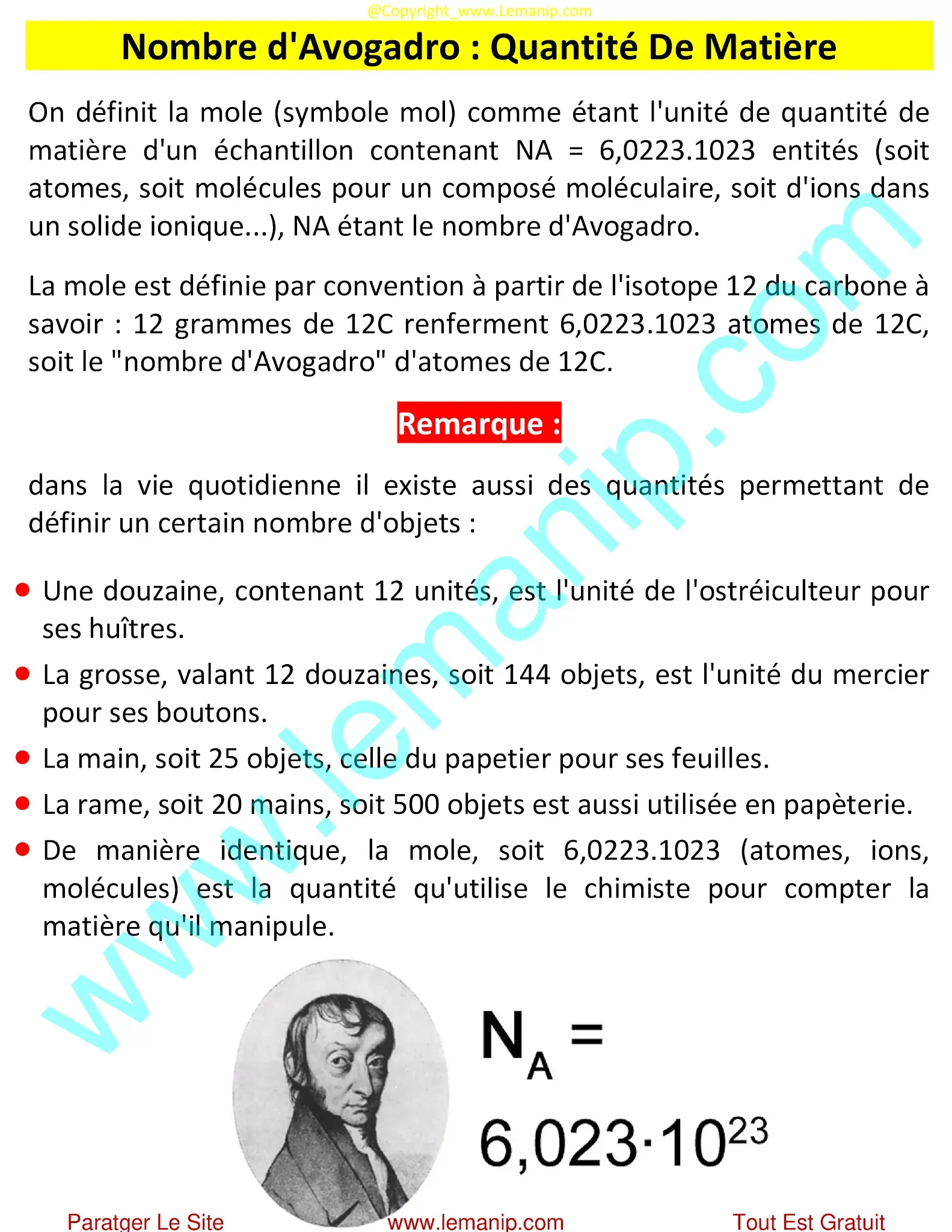Nombre d'Avogadro : Quantité De Matière
