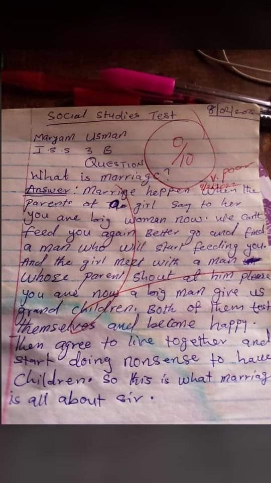 Maryam Usman Was Sent out of the Class, Also Scored 0/10 After She Was Asked "what is marriage?"  Her Definition Will Laugh Away Your Sorrow