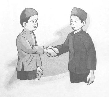 Gambar kartun 2 orang anak muslim bersalaman