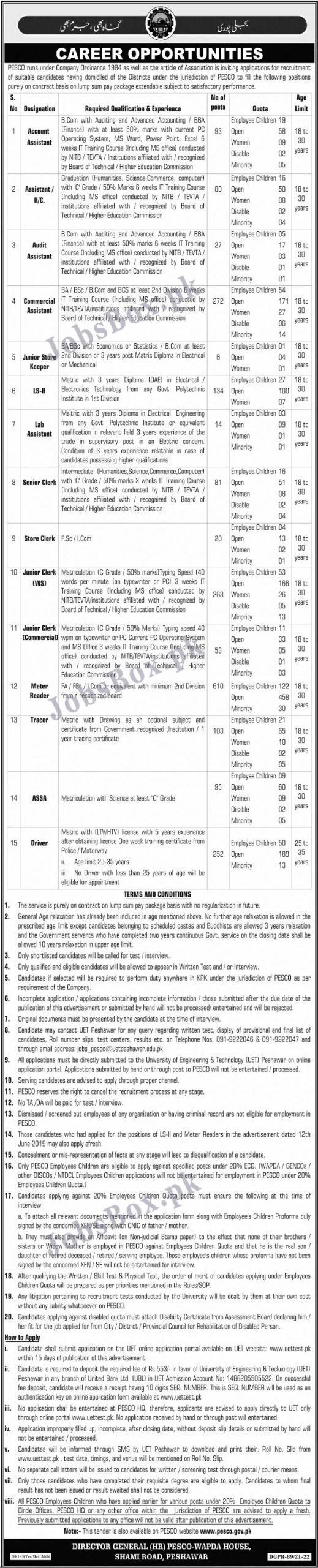 job in Peshawar Electric Supply Company PESCO Jobs 2022 latest advertisments