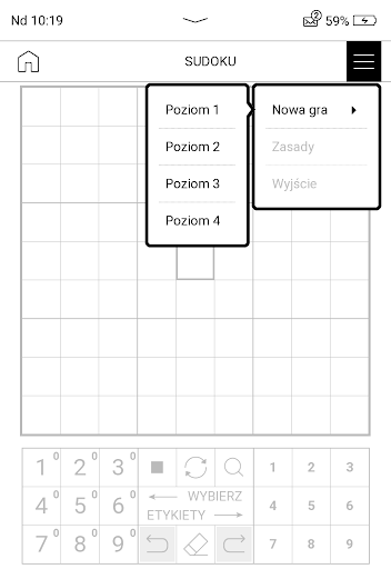 Wybór poziomu trudności w Sudoku na PocketBook InkPad Lite