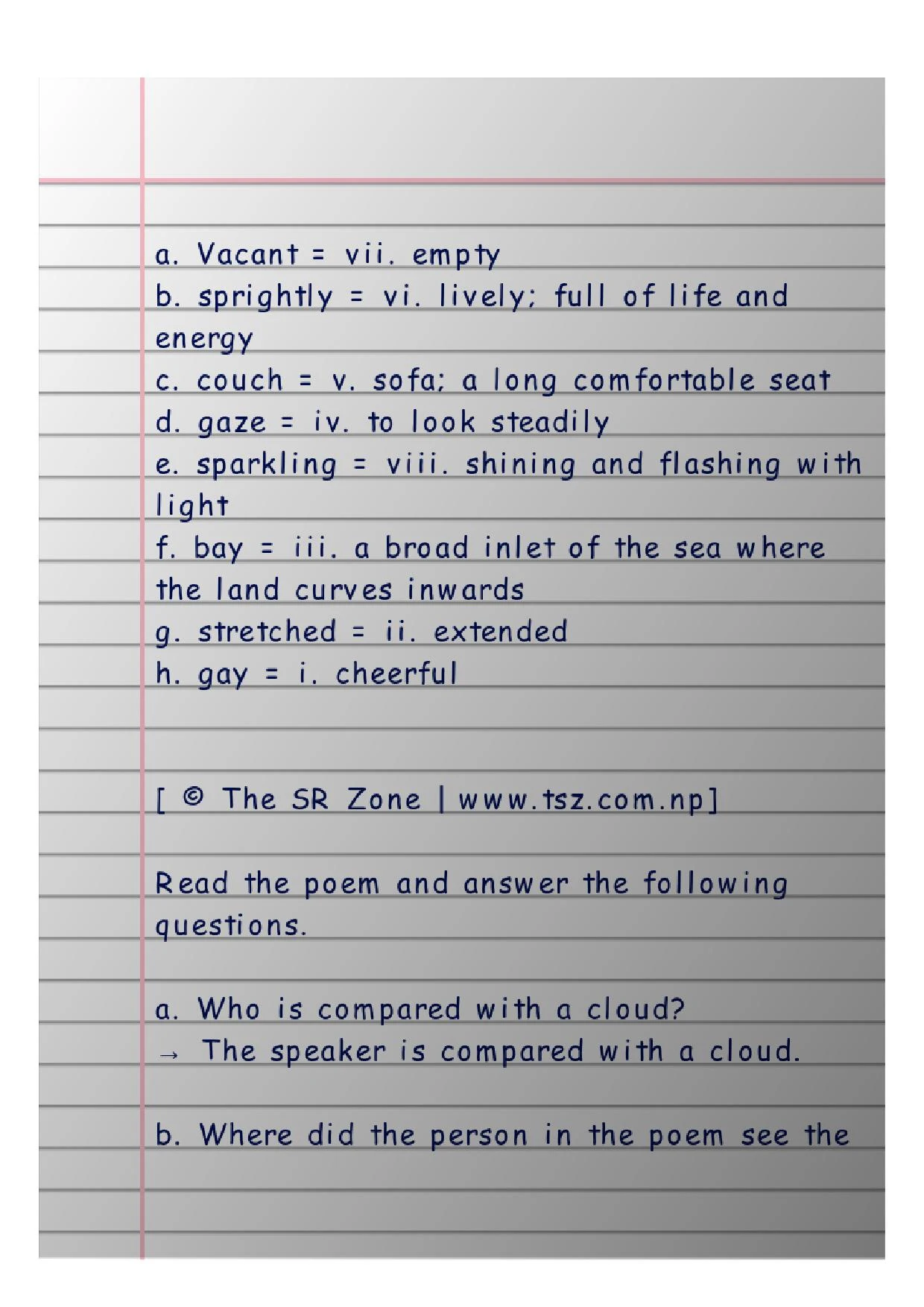 I wandered lonely as a cloud exercise Class 10 Unit 12 Notes