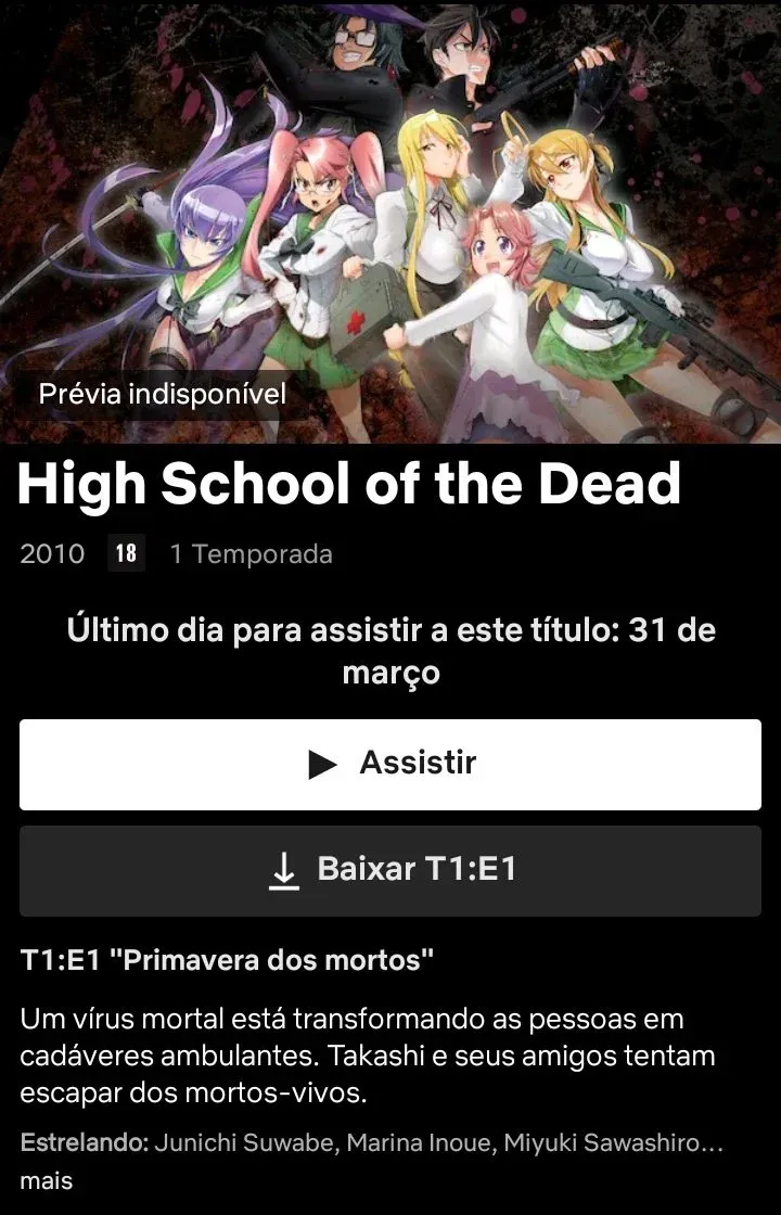 O Anime Highschool of the Dead Será Retirado do Catálogo da Netflix