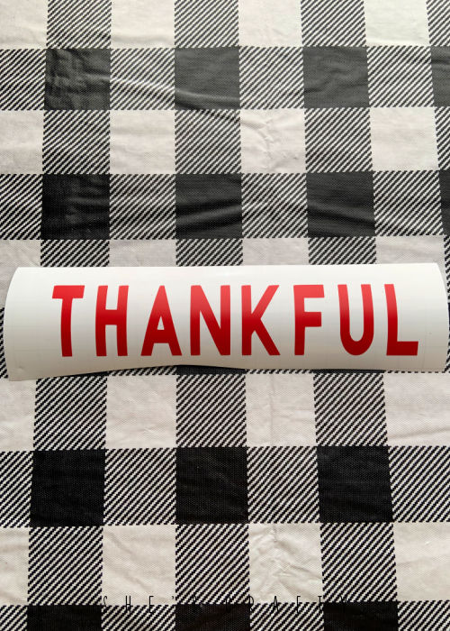 Words cut from vinyl for thanksgiving signs.