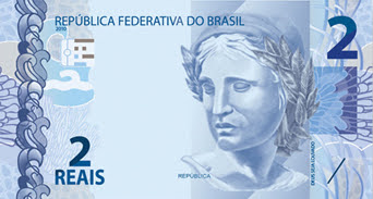 A foto mostra uma cédula de dois reais, o dinheiro do Brasil.