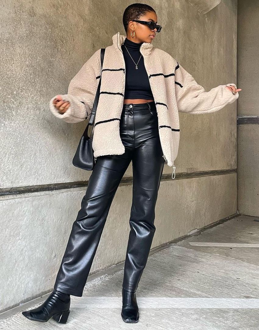 9 Ways To Wear Black Leather Pants For Winter Style — @samanthaaelise Instagram Look  Striped Fleece Boston Influencer Square Toe Boots