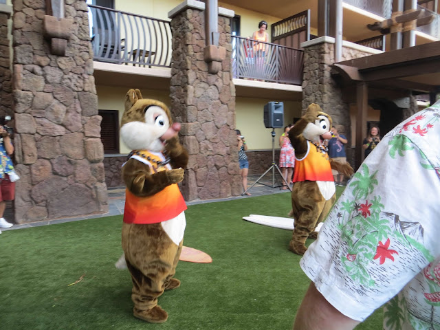 Dancing Chip and Dale Characters in Beach Outfits at Disney's Aulani Resort