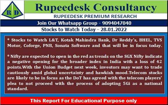 Stock to Watch Today - Rupeedesk Reports