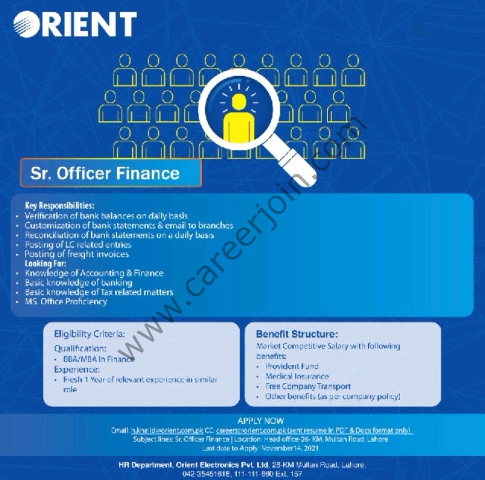 Orient Group of Companies Jobs Senior Officer Finance