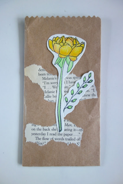 DIY die cut flowers, scrapbooking, paper crafts, ink pad, rubber stamp, cling stamp, colored pencils, flowers, greeting card, gift bag, brown paper bag, handmade notebook, recycled a food packaging box, Lidl butter box, blah to TADA, crafts, handmade