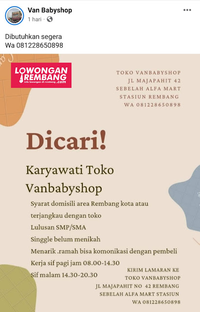 Lowongan Kerja Karyawati Van Baby Shop Rembang