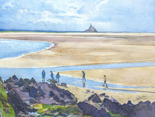 Watercolour of people paddling at the Sée estuary, "En vacances à la Pointe du Grouin du Sud," by William Walkington in 2021