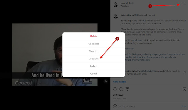 cara salin link dari konten IG