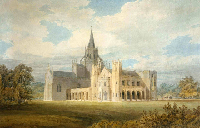 Первоначальная версия Фонтхиллского аббатства с башней-шпилем на картине Уильяма Тёрнера. Башня обрушилась в 1799 году.