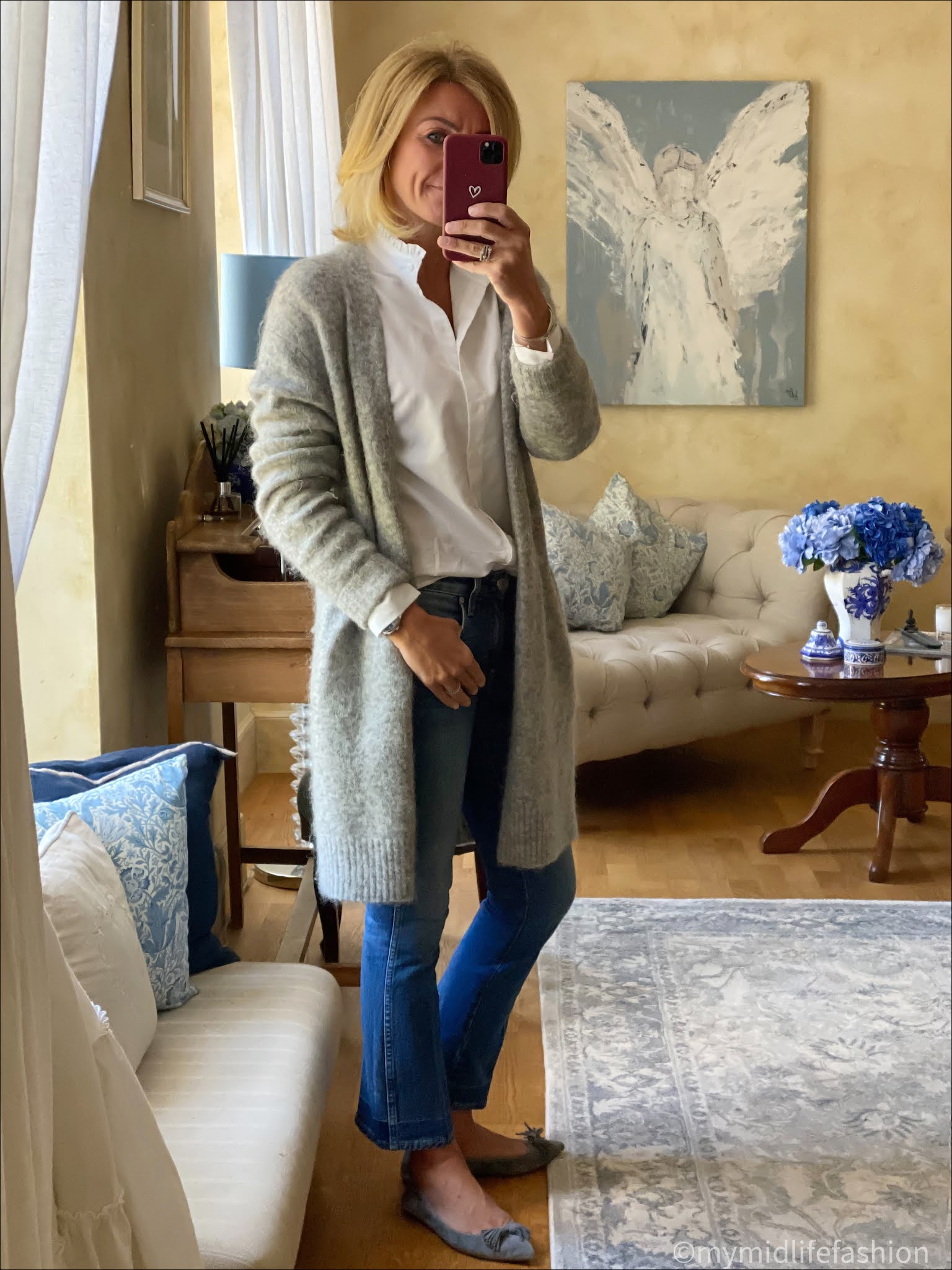 my midlife fashion, baukjen Sadie Organic Shirt, acne studios cardigan, j crew kick flare cropped jeans, j crew suede tassel flats