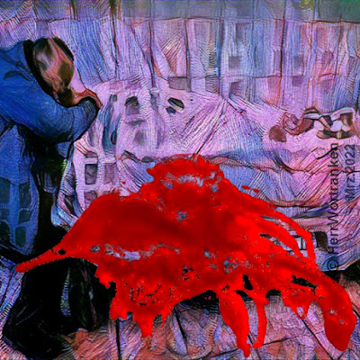 Ein Mann sitzt gebeugt am Fußende eine Bahre, einer mit blutigem Tuch zugedeckten Leiche. Dominierend ist ein fast bildfüllender Blutspritzer im Vordergrund.