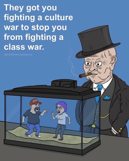 Home:  Plutocrat looking at a woman and a MAGA-hatted man arguing.  Caption:  They got you fighting a culture war to stop you from fighting a class war.