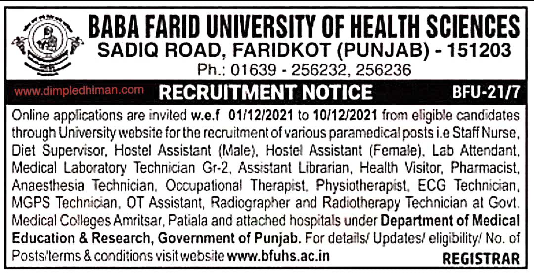 BFUHS RECRUITMENT : बीएफयूएचएस स्टाफ नर्स और पैरामेडिकल स्टाफ के 1068 रिक्त पदों पर भर्ती  https://dimpledhiman.com/2021/12/bfuhs-recruitment-1068.html  ऑफिशियल नोटिस ???? https://t.me/dimple_dhiman/1756