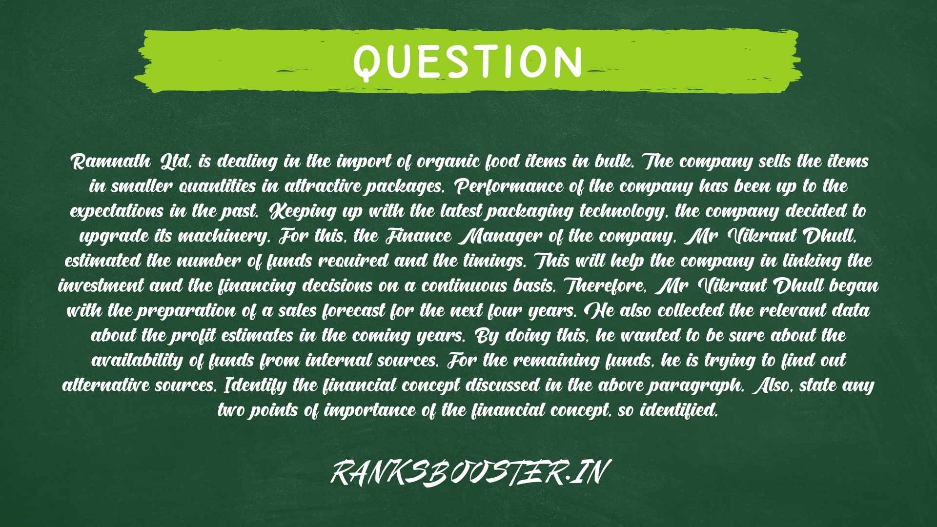 Ramnath Ltd. is dealing in the import of organic food items in bulk. The company sells the items in smaller quantities in attractive packages. Performance of the company has been up to the expectations in the past. Keeping up with the latest packaging technology, the company decided to upgrade its machinery