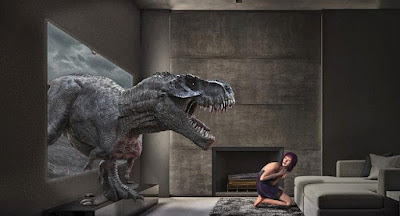 A Tyrannosaurus rex steps out from a rectangular portal toward a young woman.