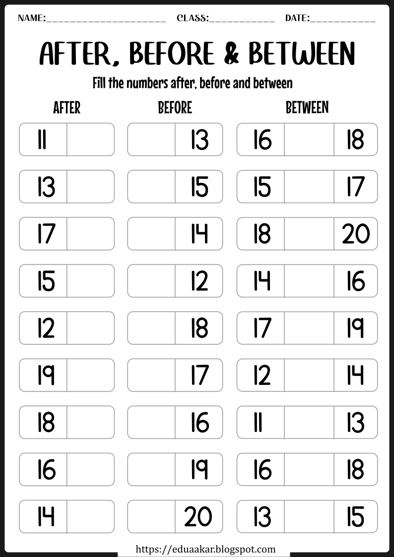 After, Before and Between Number Worksheet
