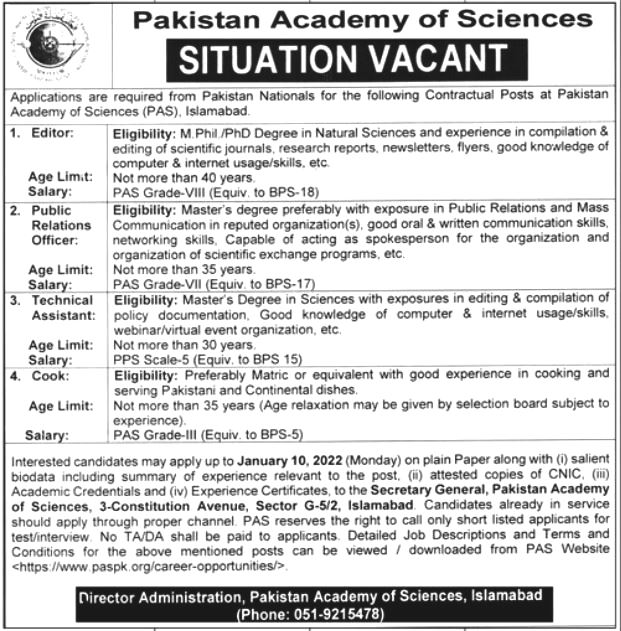 Pakistan Academy of Sciences in Islamabad Jobs 2022