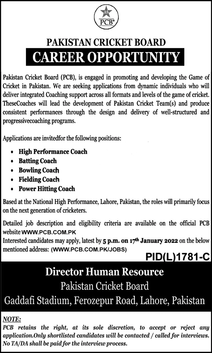 PCB Jobs 2022 – Pakistan Cricket Board Jobs – www.pcb.com.pk