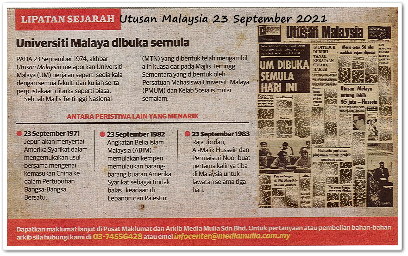 Lipatan sejarah 23 September - Keratan akhbar Utusan Malaysia 23 September 2021